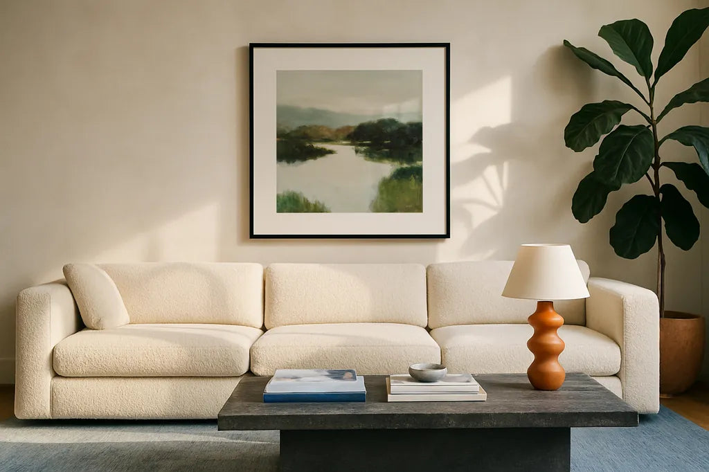 Mirror Lake Neutral by Julia Purinton. Displayed in a glass frame with matte in a clean modern living room. Available as an archival giclee rolled canvas, fine art paper, or poster print. SKU 87112a.