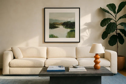 Mirror Lake Neutral by Julia Purinton. Displayed in a glass frame with matte in a clean modern living room. Available as an archival giclee rolled canvas, fine art paper, or poster print. SKU 87112a.