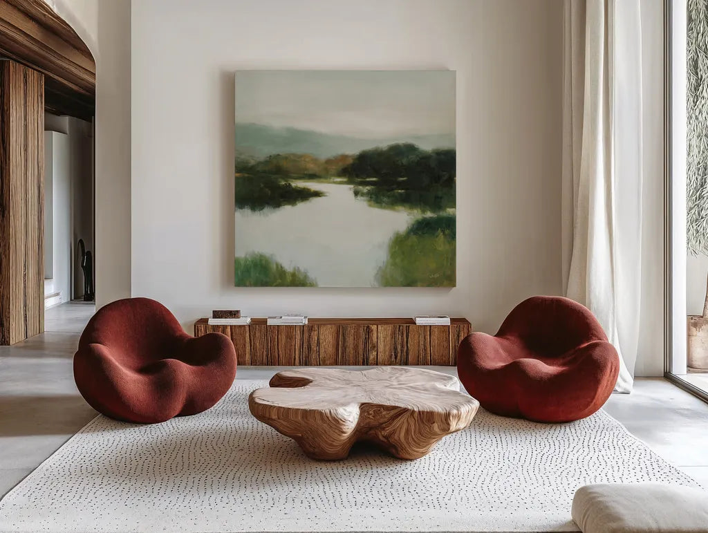 Mirror Lake Neutral by Julia Purinton. Shown as extra-large giant wall art in a modern living room. Available as an archival giclee rolled canvas, fine art paper, or poster print. SKU 87112a.