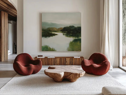 Mirror Lake Neutral by Julia Purinton. Shown as extra-large giant wall art in a modern living room. Available as an archival giclee rolled canvas, fine art paper, or poster print. SKU 87112a.