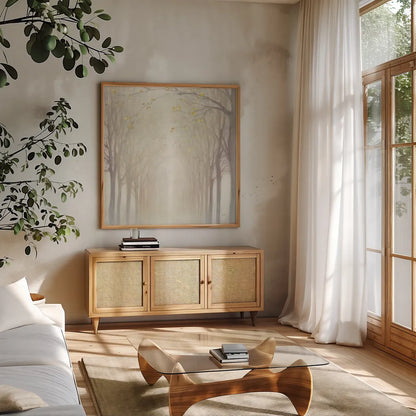 Misty by Julia Purinton. Shown in a natural wood frame in a cozy modern living room. Available as an archival giclee rolled canvas, fine art paper, or poster print. SKU 47333a.