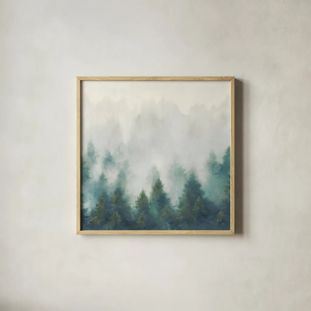 Misty Forest Blush Sq by Julia Purinton. Shown in a natural wood glass frame for a timeless modern aesthetic. Available as an archival giclee rolled canvas, fine art paper, or poster print. SKU 56333a.