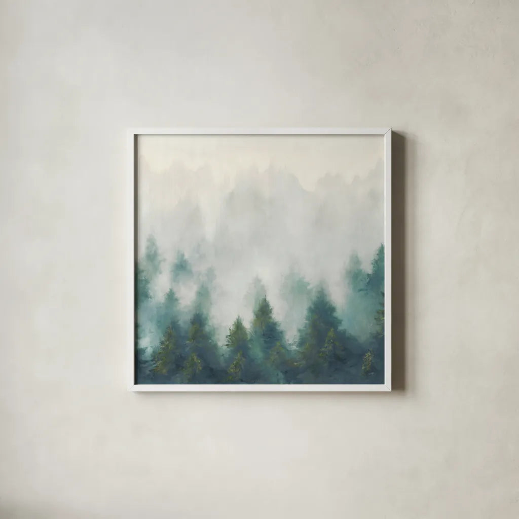 Misty Forest Blush Sq by Julia Purinton. Shown in a crisp white glass frame for a clean and minimalist style. Available as an archival giclee rolled canvas, fine art paper, or poster print. SKU 56333a.