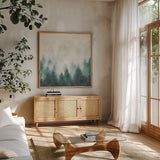 Misty Forest Blush Sq by Julia Purinton. Shown in a natural wood frame in a cozy modern living room. Available as an archival giclee rolled canvas, fine art paper, or poster print. SKU 56333a.