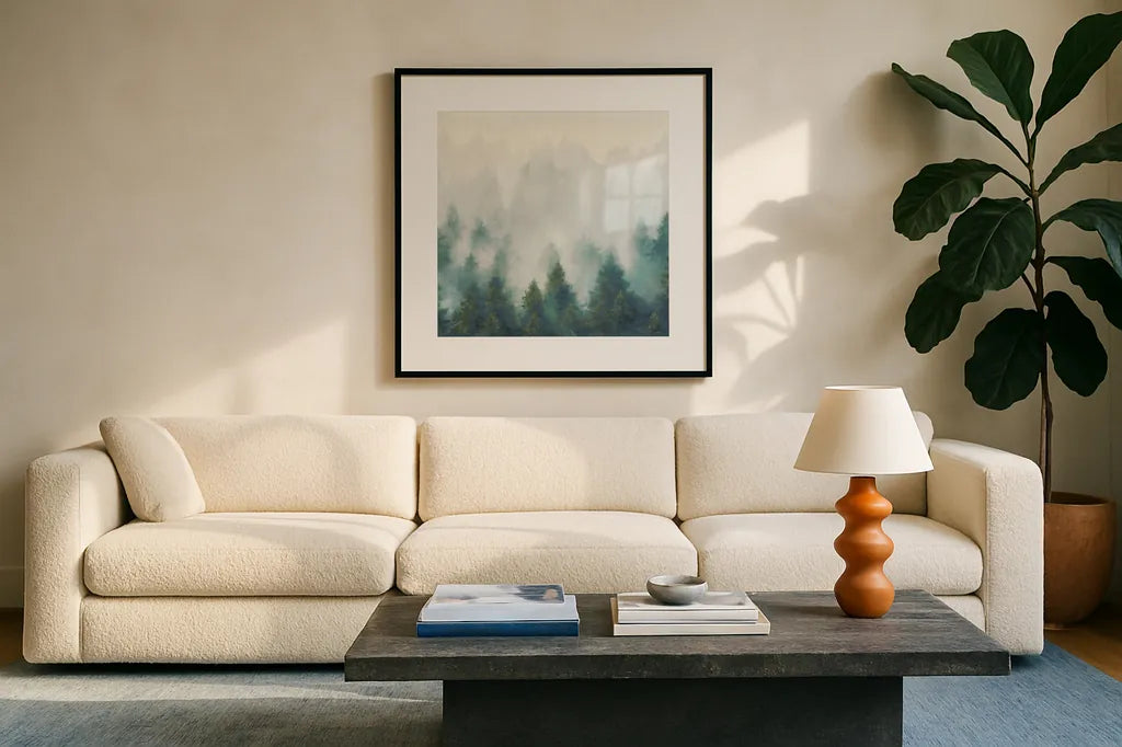 Misty Forest Blush Sq by Julia Purinton. Displayed in a glass frame with matte in a clean modern living room. Available as an archival giclee rolled canvas, fine art paper, or poster print. SKU 56333a.