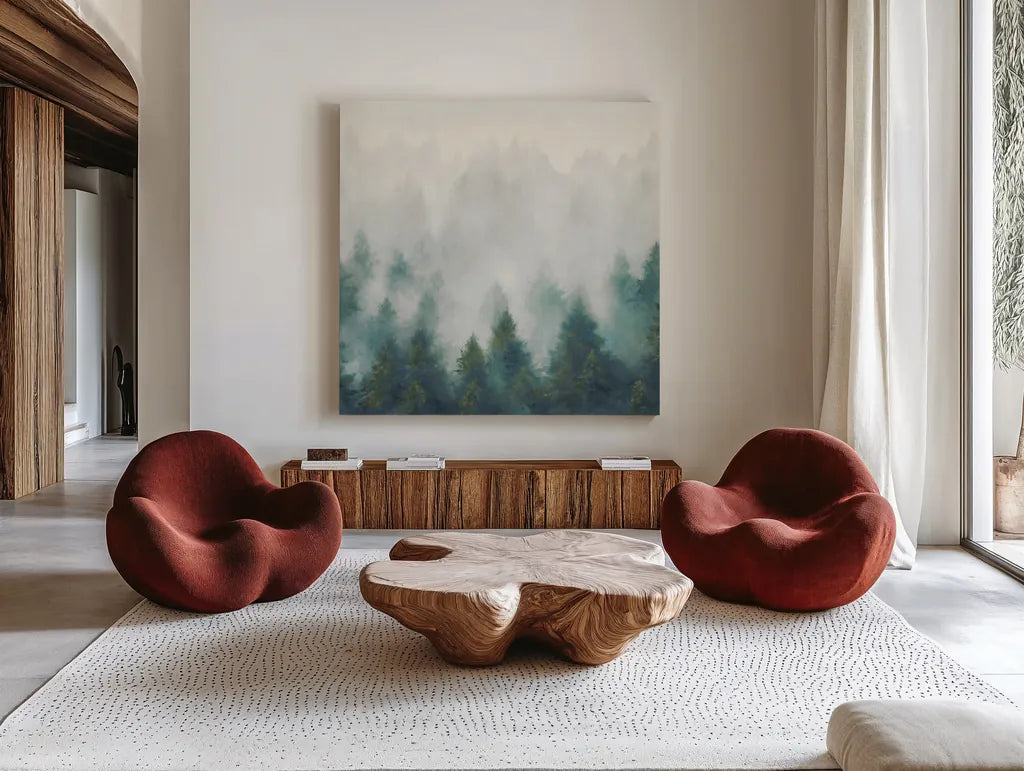 Misty Forest Blush Sq by Julia Purinton. Shown as extra-large giant wall art in a modern living room. Available as an archival giclee rolled canvas, fine art paper, or poster print. SKU 56333a.