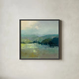Misty Valley by Julia Purinton. Shown in a sleek black glass frame for a contemporary gallery look. Available as an archival giclee rolled canvas, fine art paper, or poster print. SKU 63328a.