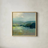 Misty Valley by Julia Purinton. Shown in a natural wood glass frame for a timeless modern aesthetic. Available as an archival giclee rolled canvas, fine art paper, or poster print. SKU 63328a.