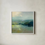 Misty Valley by Julia Purinton. Shown in a crisp white glass frame for a clean and minimalist style. Available as an archival giclee rolled canvas, fine art paper, or poster print. SKU 63328a.