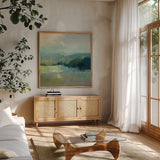 Misty Valley by Julia Purinton. Shown in a natural wood frame in a cozy modern living room. Available as an archival giclee rolled canvas, fine art paper, or poster print. SKU 63328a.