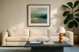 Misty Valley by Julia Purinton. Displayed in a glass frame with matte in a clean modern living room. Available as an archival giclee rolled canvas, fine art paper, or poster print. SKU 63328a.