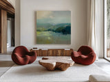 Misty Valley by Julia Purinton. Shown as extra-large giant wall art in a modern living room. Available as an archival giclee rolled canvas, fine art paper, or poster print. SKU 63328a.
