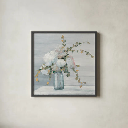 Morning Bouquet Blue Gray Crop by Julia Purinton. Shown in a sleek black glass frame for a contemporary gallery look. Available as an archival giclee rolled canvas, fine art paper, or poster print. SKU 48421a.