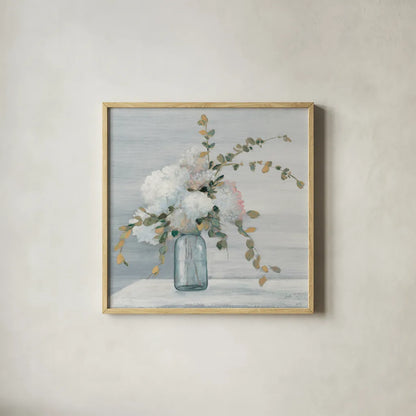 Morning Bouquet Blue Gray Crop by Julia Purinton. Shown in a natural wood glass frame for a timeless modern aesthetic. Available as an archival giclee rolled canvas, fine art paper, or poster print. SKU 48421a.