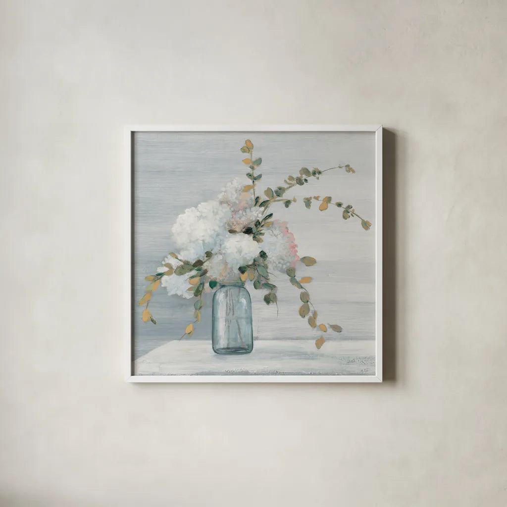 Morning Bouquet Blue Gray Crop by Julia Purinton. Shown in a crisp white glass frame for a clean and minimalist style. Available as an archival giclee rolled canvas, fine art paper, or poster print. SKU 48421a.
