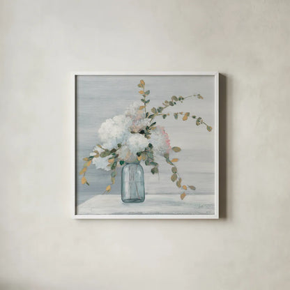 Morning Bouquet Blue Gray Crop by Julia Purinton. Shown in a crisp white glass frame for a clean and minimalist style. Available as an archival giclee rolled canvas, fine art paper, or poster print. SKU 48421a.