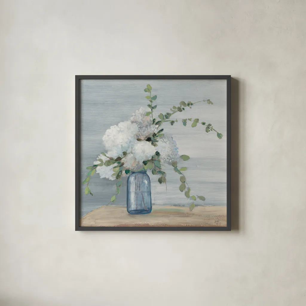 Morning Bouquet Navy Crop by Julia Purinton. Shown in a sleek black glass frame for a contemporary gallery look. Available as an archival giclee rolled canvas, fine art paper, or poster print. SKU 52472a.