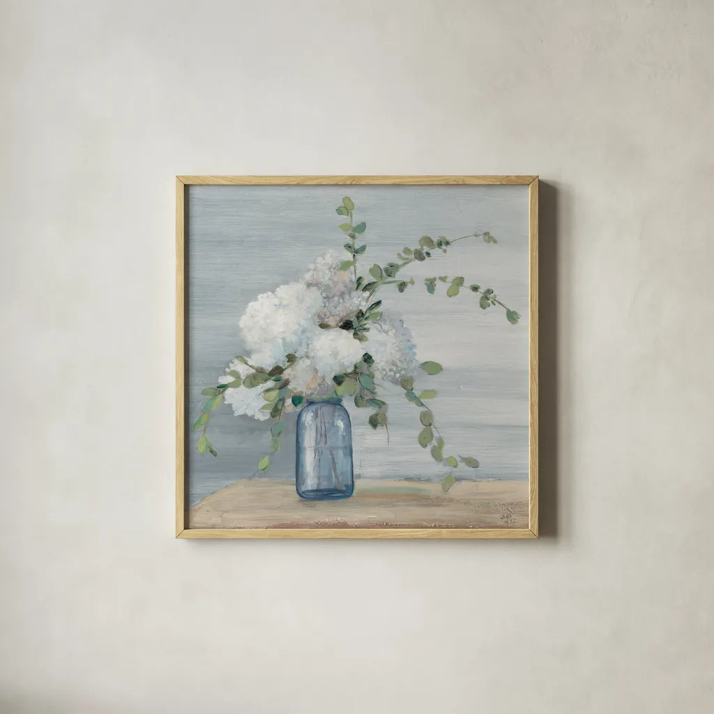 Morning Bouquet Navy Crop by Julia Purinton. Shown in a natural wood glass frame for a timeless modern aesthetic. Available as an archival giclee rolled canvas, fine art paper, or poster print. SKU 52472a.