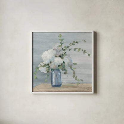 Morning Bouquet Navy Crop by Julia Purinton. Shown in a crisp white glass frame for a clean and minimalist style. Available as an archival giclee rolled canvas, fine art paper, or poster print. SKU 52472a.