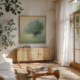 Morning Haze by Julia Purinton. Shown in a natural wood frame in a cozy modern living room. Available as an archival giclee rolled canvas, fine art paper, or poster print. SKU 62757a.