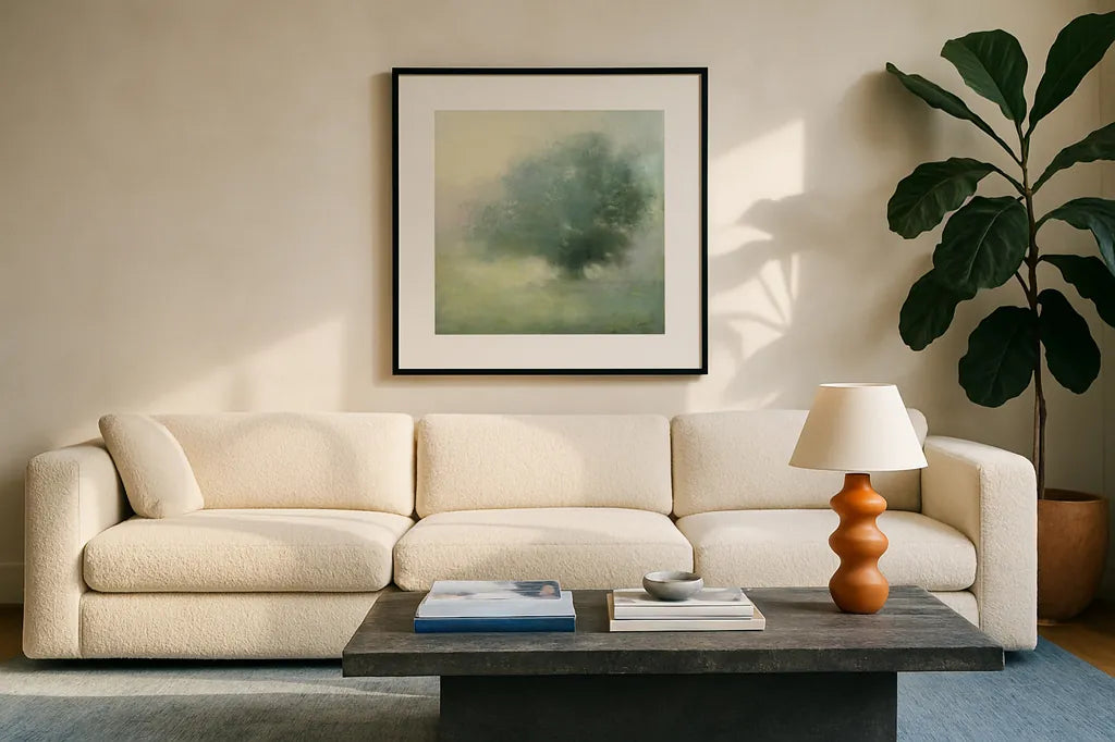 Morning Haze by Julia Purinton. Displayed in a glass frame with matte in a clean modern living room. Available as an archival giclee rolled canvas, fine art paper, or poster print. SKU 62757a.