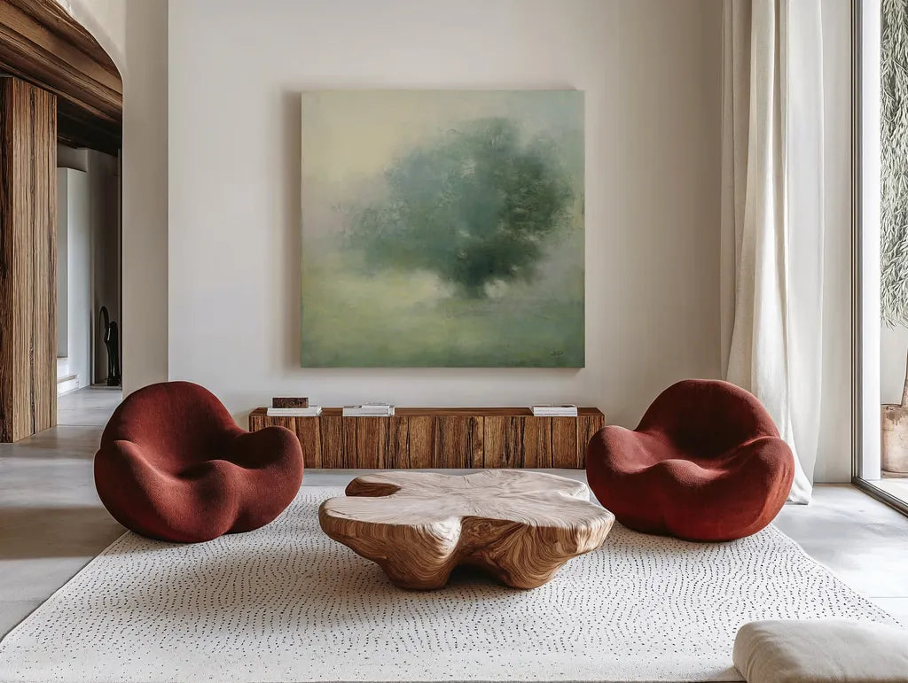 Morning Haze by Julia Purinton. Shown as extra-large giant wall art in a modern living room. Available as an archival giclee rolled canvas, fine art paper, or poster print. SKU 62757a.