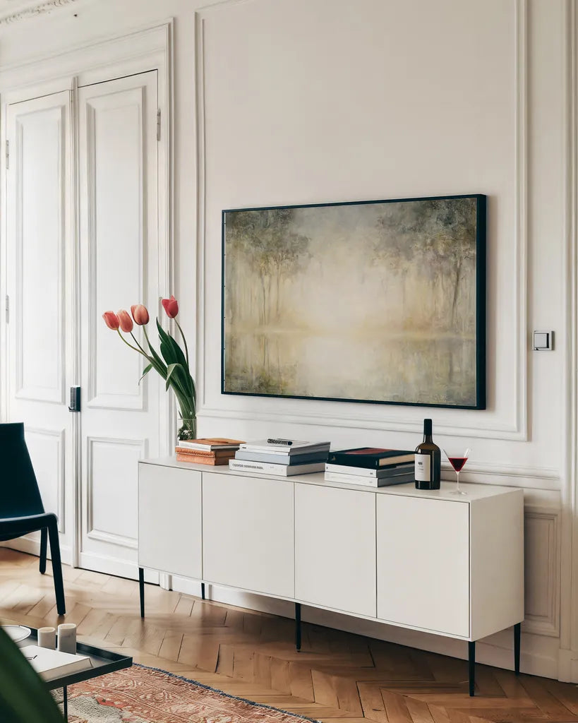 Morning Mist by Julia Purinton. shown as a framed stretched canvas in a living room above a console. Available as a archival giclee rolled canvas, fine art paper, or poster print. SKU 27597i.