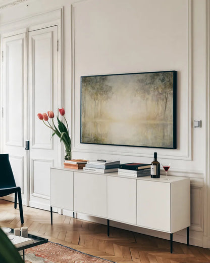 Morning Mist by Julia Purinton. shown as a framed stretched canvas in a living room above a console. Available as a archival giclee rolled canvas, fine art paper, or poster print. SKU 27597i.