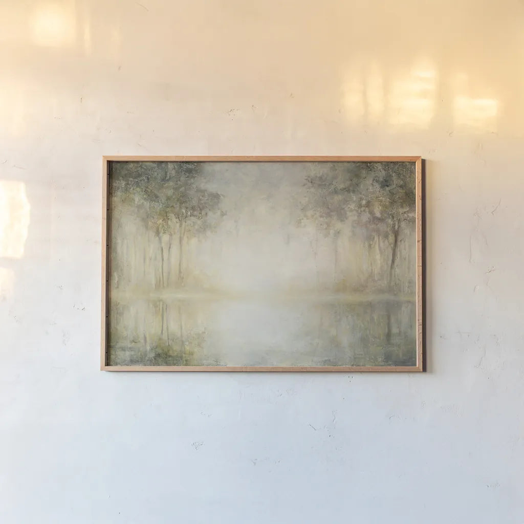 Morning Mist by Julia Purinton. shown as a paper print in a natural frame. Available as a archival giclee rolled canvas, fine art paper, or poster print. SKU 27597i.