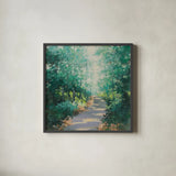 Morning Path by Julia Purinton. Shown in a sleek black glass frame for a contemporary gallery look. Available as an archival giclee rolled canvas, fine art paper, or poster print. SKU 96712a.