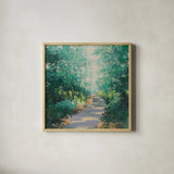 Morning Path by Julia Purinton. Shown in a natural wood glass frame for a timeless modern aesthetic. Available as an archival giclee rolled canvas, fine art paper, or poster print. SKU 96712a.