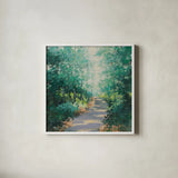 Morning Path by Julia Purinton. Shown in a crisp white glass frame for a clean and minimalist style. Available as an archival giclee rolled canvas, fine art paper, or poster print. SKU 96712a.