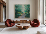 Morning Path by Julia Purinton. Shown as extra-large giant wall art in a modern living room. Available as an archival giclee rolled canvas, fine art paper, or poster print. SKU 96712a.