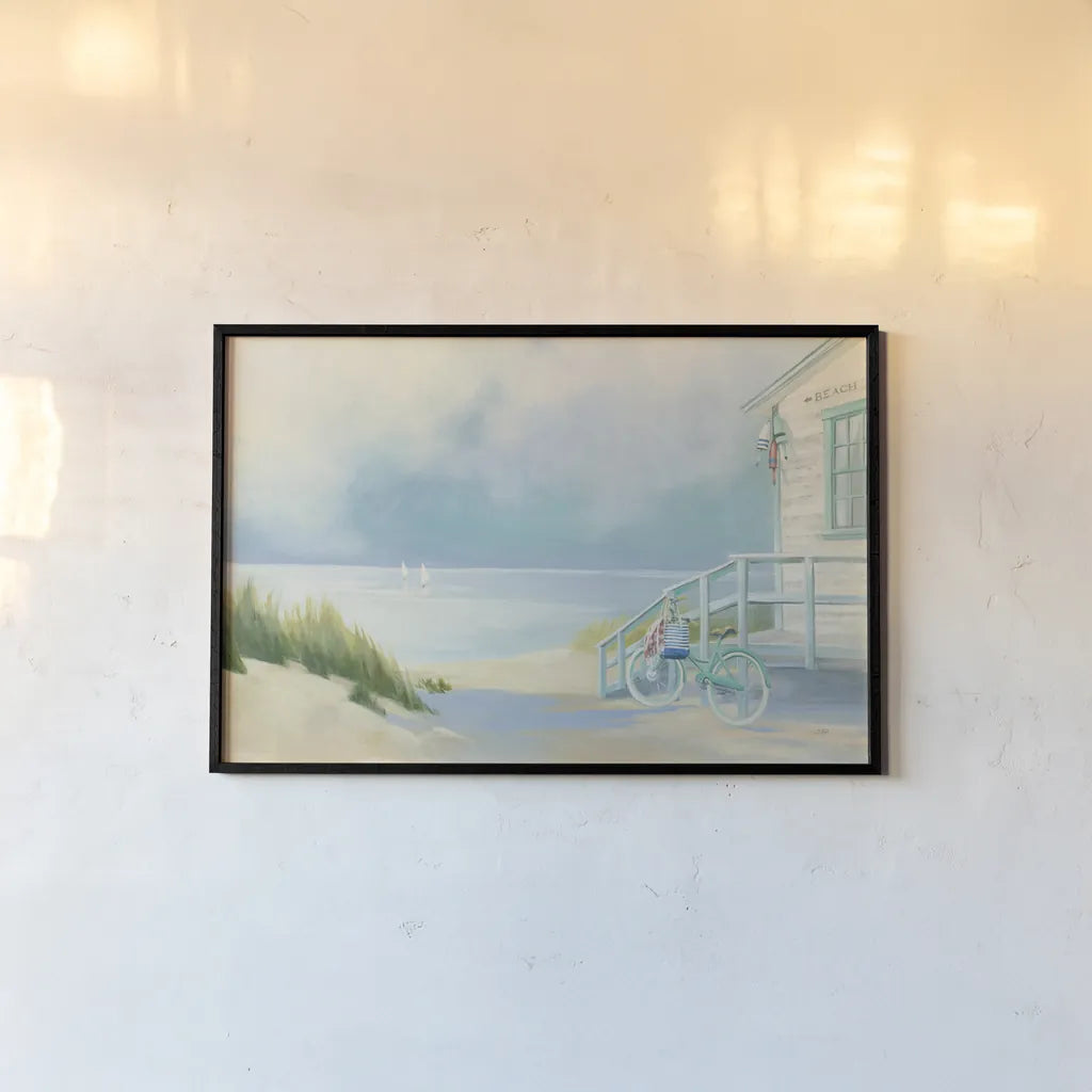 Morning Ride to the Beach by Julia Purinton. shown as a paper print in a black flame. Available as a archival giclee rolled canvas, fine art paper, or poster print. SKU 46970i.