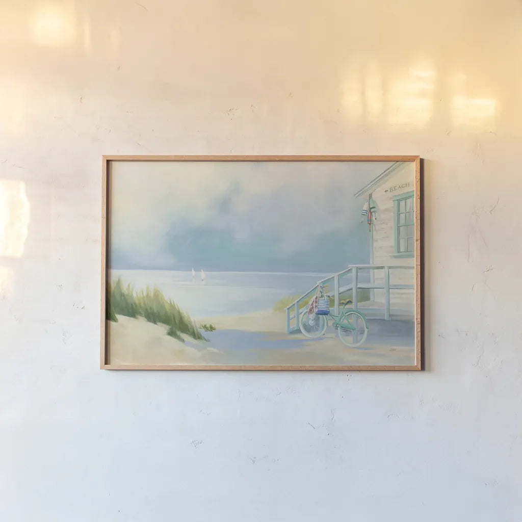 Morning Ride to the Beach by Julia Purinton. shown as a paper print in a natural frame. Available as a archival giclee rolled canvas, fine art paper, or poster print. SKU 46970i.