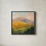 Mountain Morning by Julia Purinton. Shown in a sleek black glass frame for a contemporary gallery look. Available as an archival giclee rolled canvas, fine art paper, or poster print. SKU 60273a.