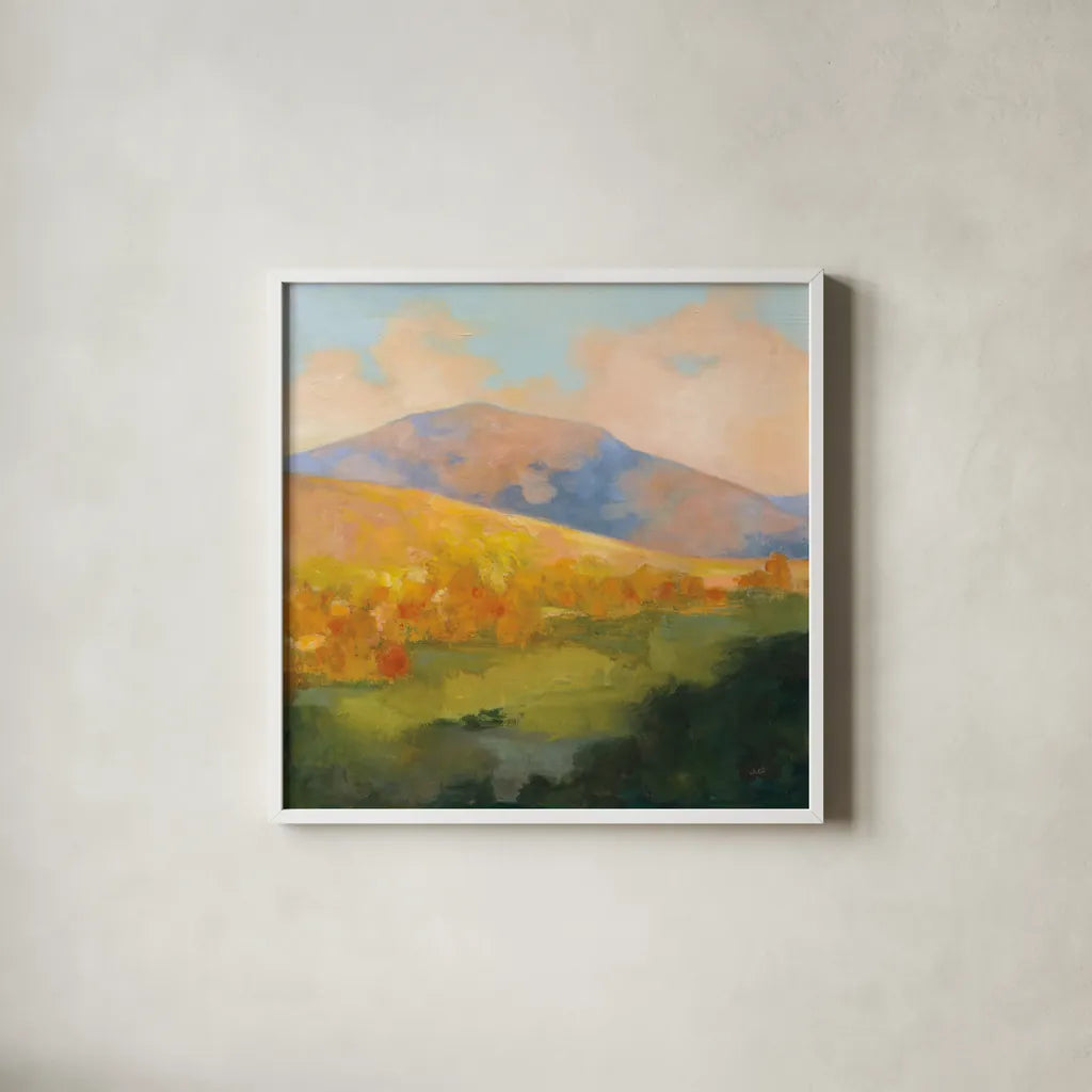Mountain Morning by Julia Purinton. Shown in a crisp white glass frame for a clean and minimalist style. Available as an archival giclee rolled canvas, fine art paper, or poster print. SKU 60273a.