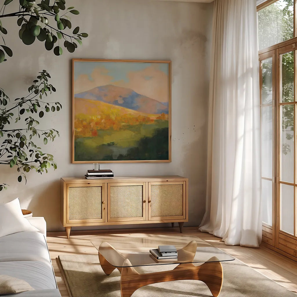 Mountain Morning by Julia Purinton. Shown in a natural wood frame in a cozy modern living room. Available as an archival giclee rolled canvas, fine art paper, or poster print. SKU 60273a.