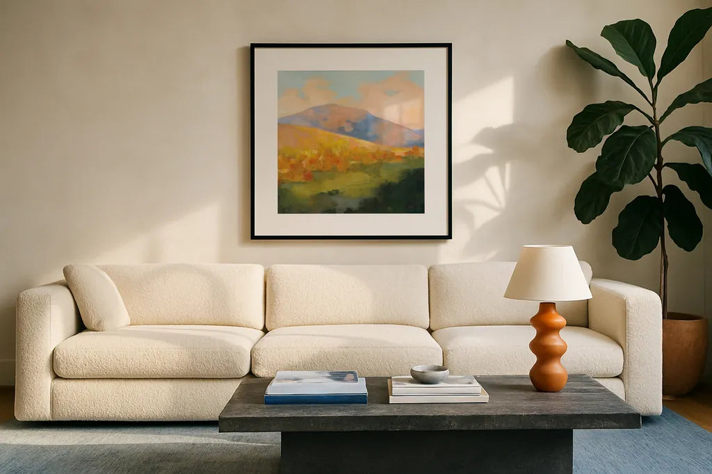Mountain Morning by Julia Purinton. Displayed in a glass frame with matte in a clean modern living room. Available as an archival giclee rolled canvas, fine art paper, or poster print. SKU 60273a.