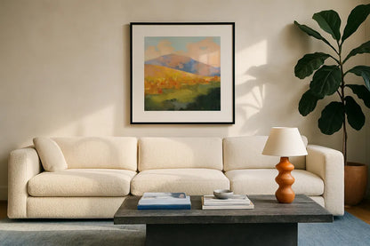 Mountain Morning by Julia Purinton. Displayed in a glass frame with matte in a clean modern living room. Available as an archival giclee rolled canvas, fine art paper, or poster print. SKU 60273a.