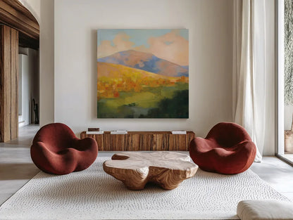 Mountain Morning by Julia Purinton. Shown as extra-large giant wall art in a modern living room. Available as an archival giclee rolled canvas, fine art paper, or poster print. SKU 60273a.