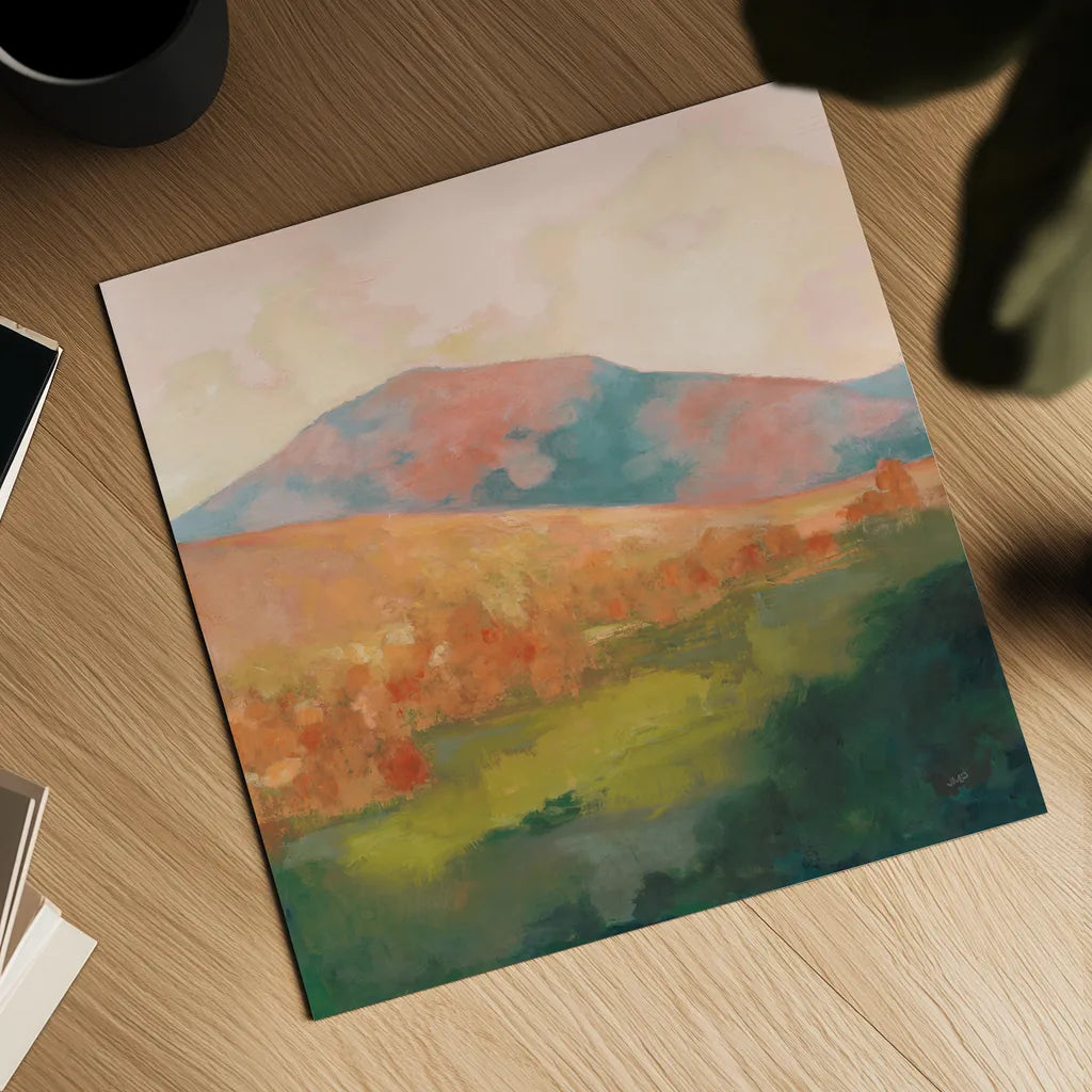 Mountain Morning Pink by Julia Purinton. Shown as a detailed flat fine art print, highlighting archival giclee quality. Available as an archival giclee rolled canvas, fine art paper, or poster print. SKU 70443a.