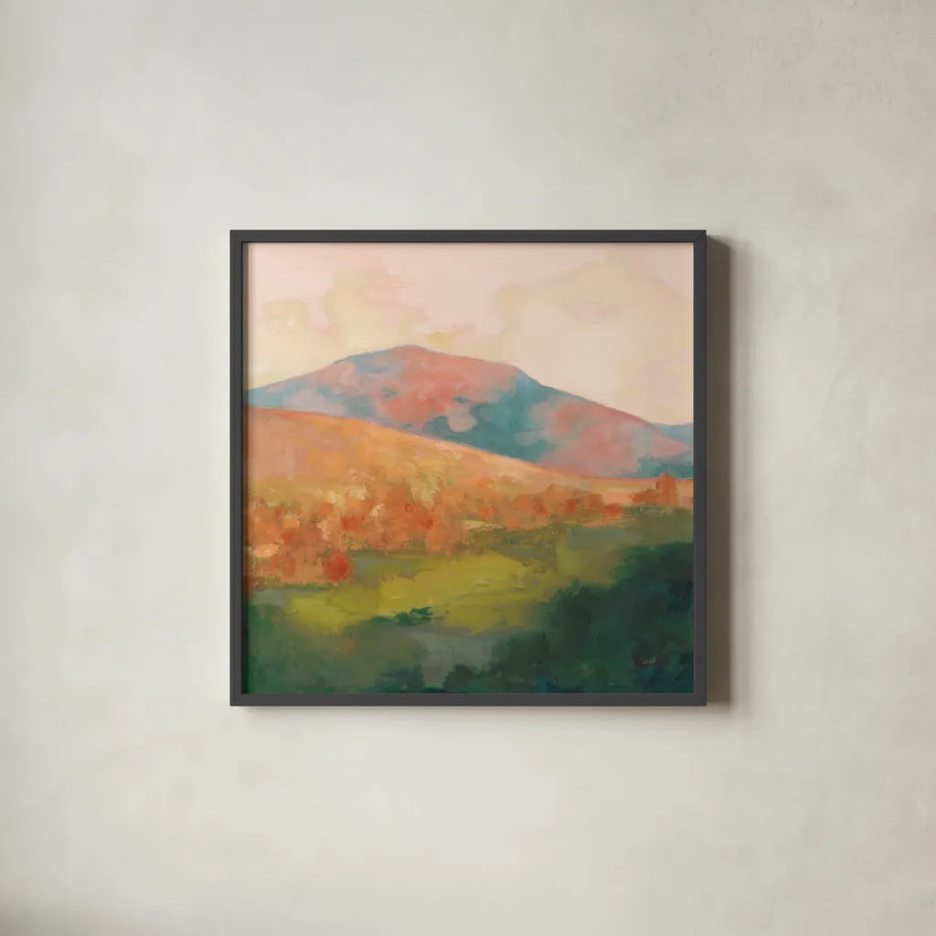 Mountain Morning Pink by Julia Purinton. Shown in a sleek black glass frame for a contemporary gallery look. Available as an archival giclee rolled canvas, fine art paper, or poster print. SKU 70443a.