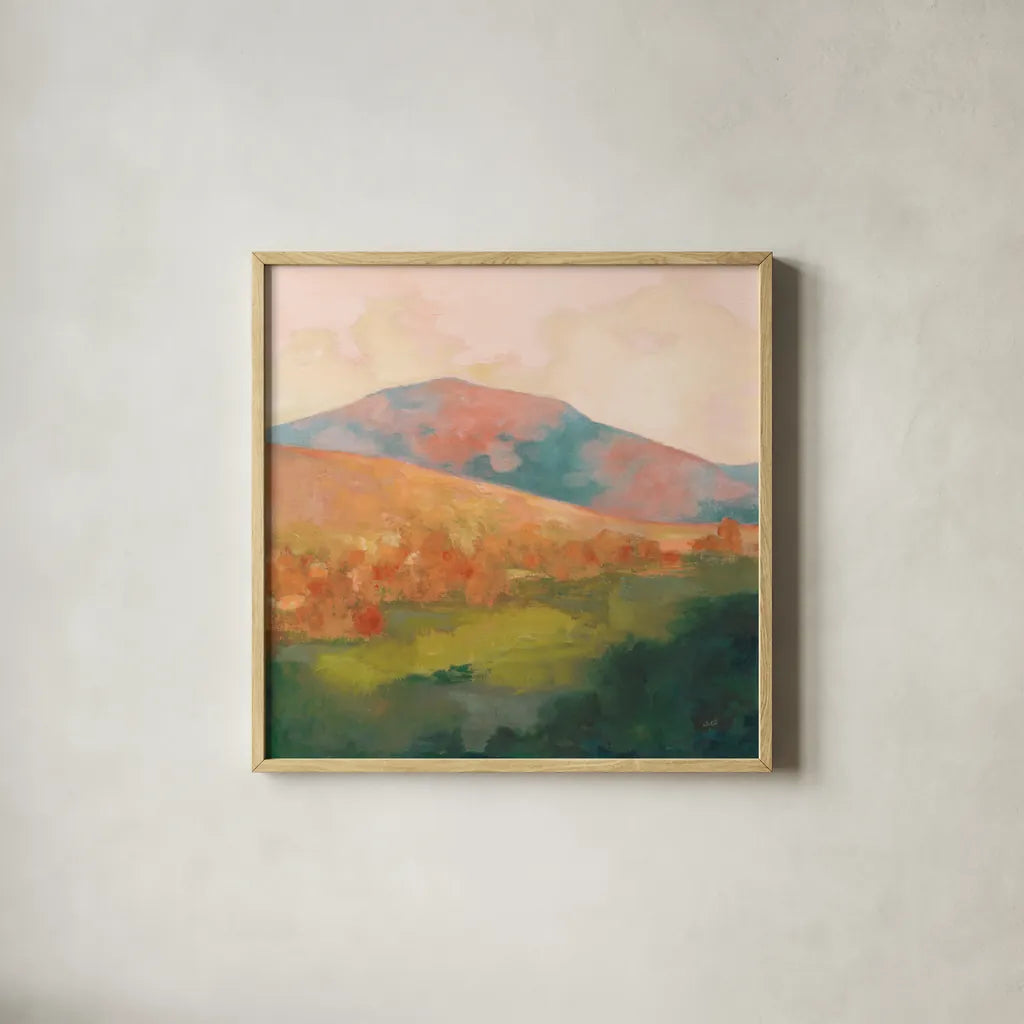 Mountain Morning Pink by Julia Purinton. Shown in a natural wood glass frame for a timeless modern aesthetic. Available as an archival giclee rolled canvas, fine art paper, or poster print. SKU 70443a.