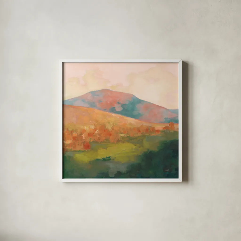 Mountain Morning Pink by Julia Purinton. Shown in a crisp white glass frame for a clean and minimalist style. Available as an archival giclee rolled canvas, fine art paper, or poster print. SKU 70443a.