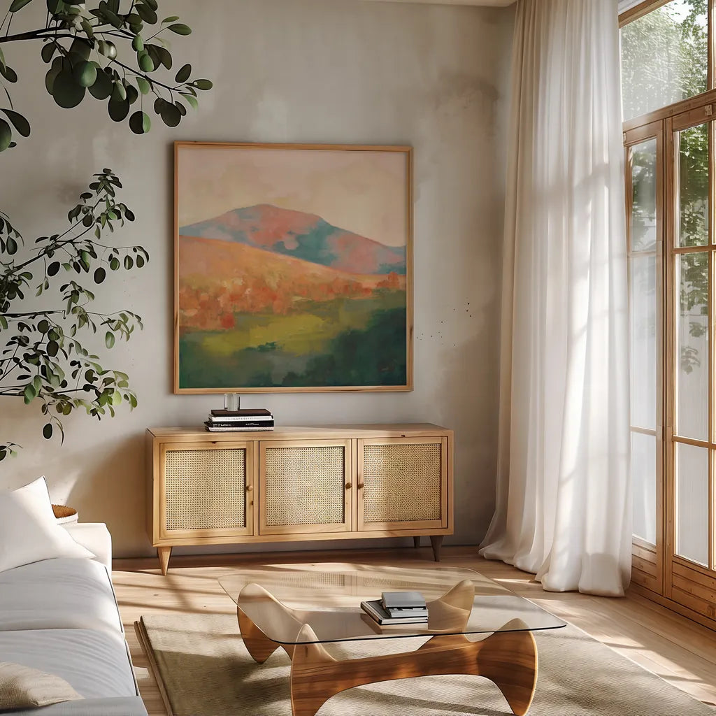 Mountain Morning Pink by Julia Purinton. Shown in a natural wood frame in a cozy modern living room. Available as an archival giclee rolled canvas, fine art paper, or poster print. SKU 70443a.