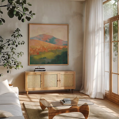 Mountain Morning Pink by Julia Purinton. Shown in a natural wood frame in a cozy modern living room. Available as an archival giclee rolled canvas, fine art paper, or poster print. SKU 70443a.