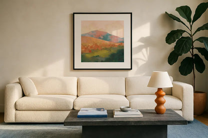 Mountain Morning Pink by Julia Purinton. Displayed in a glass frame with matte in a clean modern living room. Available as an archival giclee rolled canvas, fine art paper, or poster print. SKU 70443a.