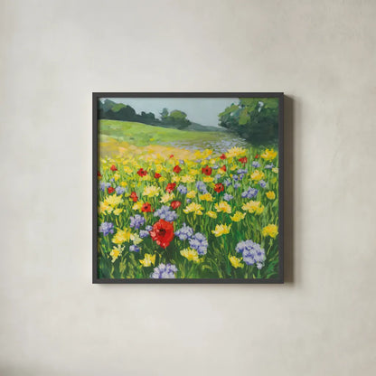 My Meadow by Julia Purinton. Shown in a sleek black glass frame for a contemporary gallery look. Available as an archival giclee rolled canvas, fine art paper, or poster print. SKU 95722a.
