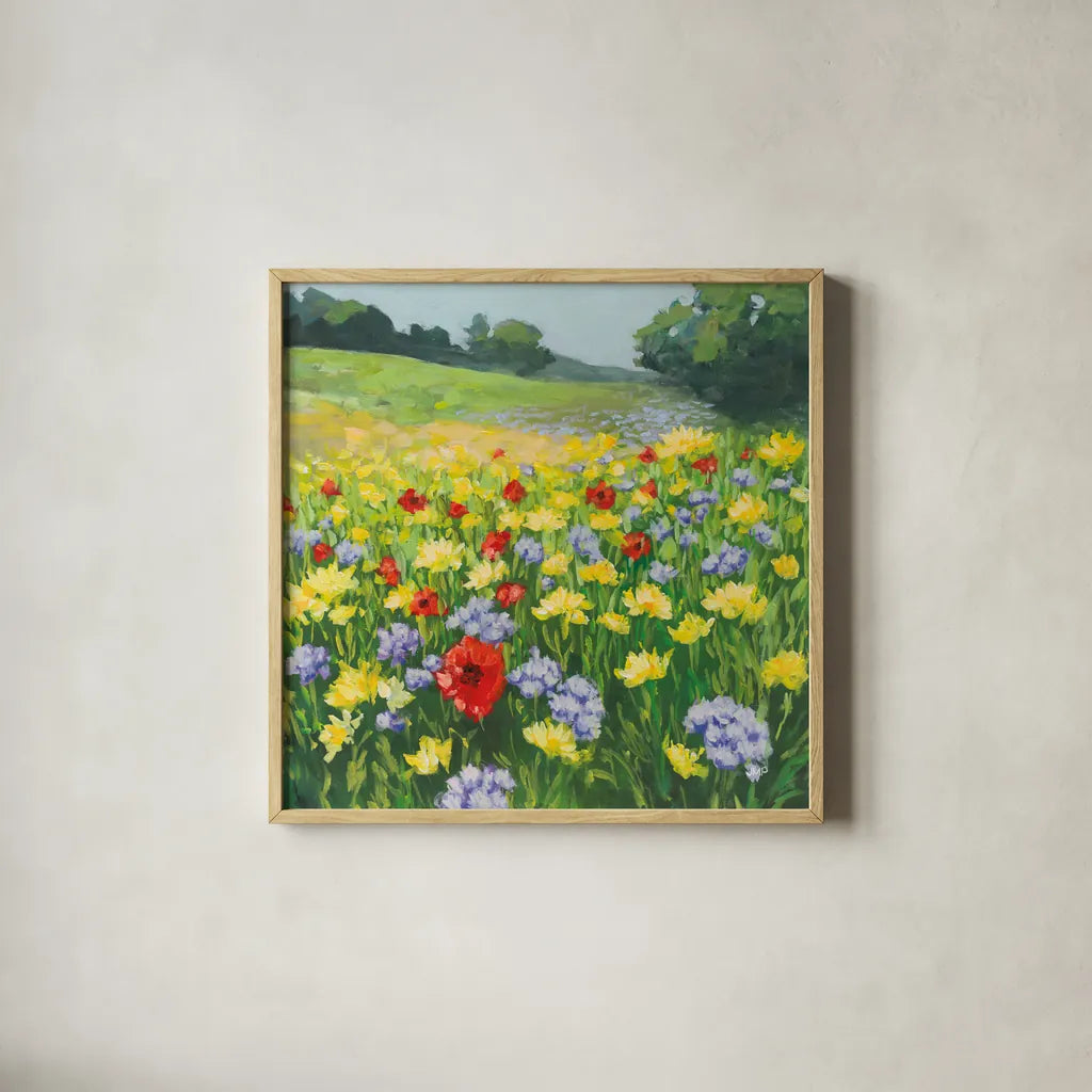 My Meadow by Julia Purinton. Shown in a natural wood glass frame for a timeless modern aesthetic. Available as an archival giclee rolled canvas, fine art paper, or poster print. SKU 95722a.